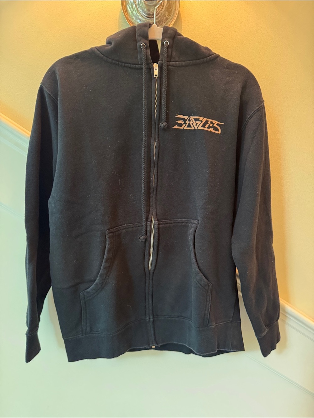 Black Zip-Up Hoodie with Subtle Orange Logo - Unknown Brand